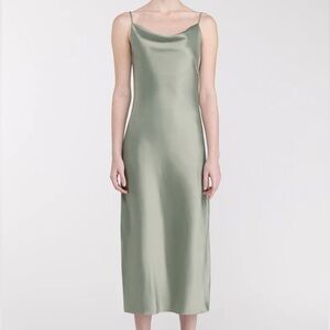 OAK + FORT Cowl Neck Satin Midi Dress in Olive Green